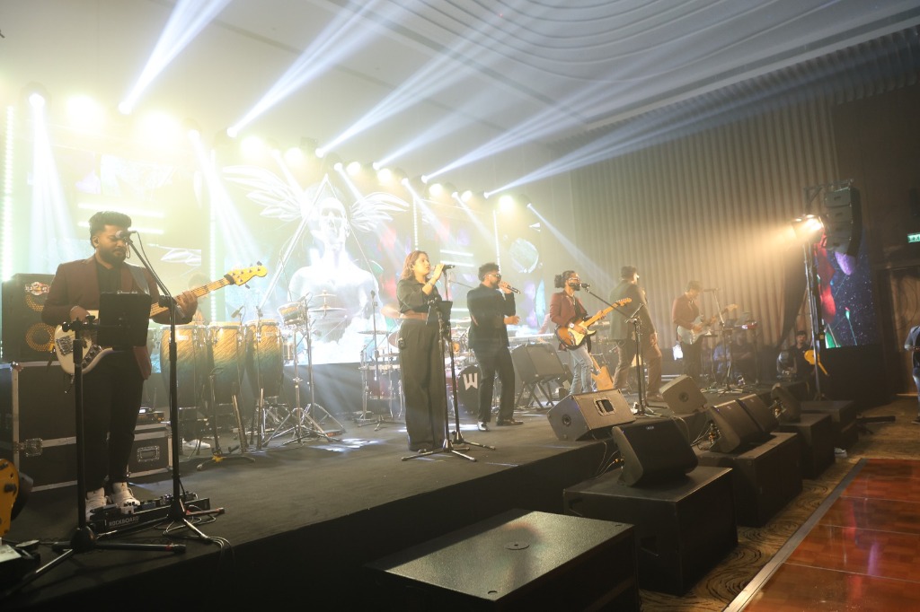 Full Concert Band Stage Live Concert View under White Beams